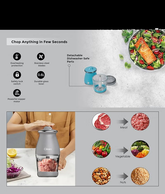 Clikon 200W Electric Glass Chopper – Fast & Efficient Food Processor for Vegetables, Meat & Nuts